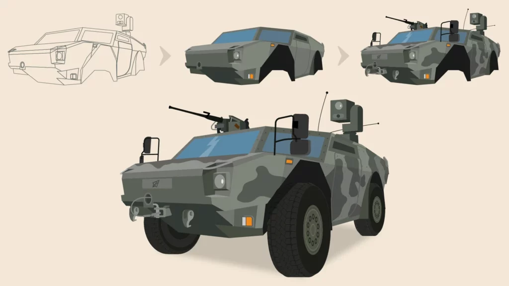 Het designproces van het Fennek voertuig van lijnen naar vlakken, maar details en tenslotte een voertuig met camouflage en banden.