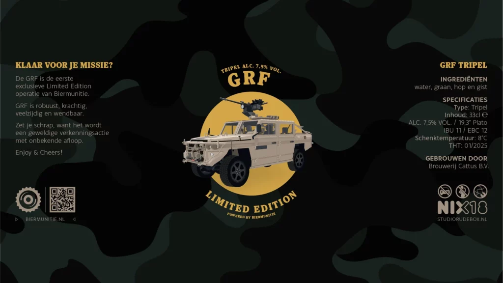 Bieretiket van GRF Tripel (7,5% alcohol), een Limited Edition bier van Biermunitie met een afbeelding van een militaire gepantserde wagen, omschrijving en specificaties als ingrediënten, type bier en alcoholpercentage.