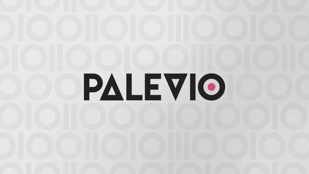 Palevio logo met een patroon op de achtergrond met willekeurige enen en nullen