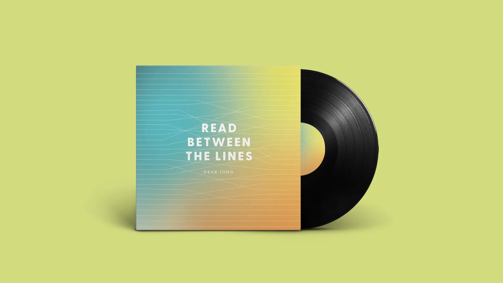 Read Between the lines LP mockup ontwerp met een vinyl plaat half uit de hoes