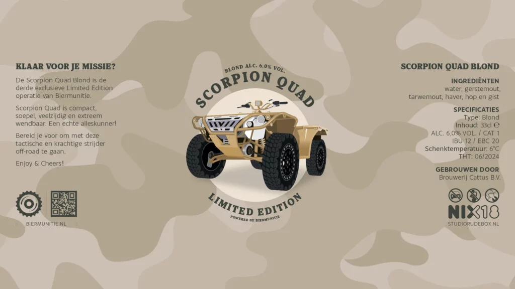 Bieretiket van Scorpion Quad Blond (6,0% alcohol), een Limited Edition bier van Biermunitie met een afbeelding van een militaire gepantserde quad, omschrijving en specificaties als ingrediënten, type bier en alcoholpercentage.