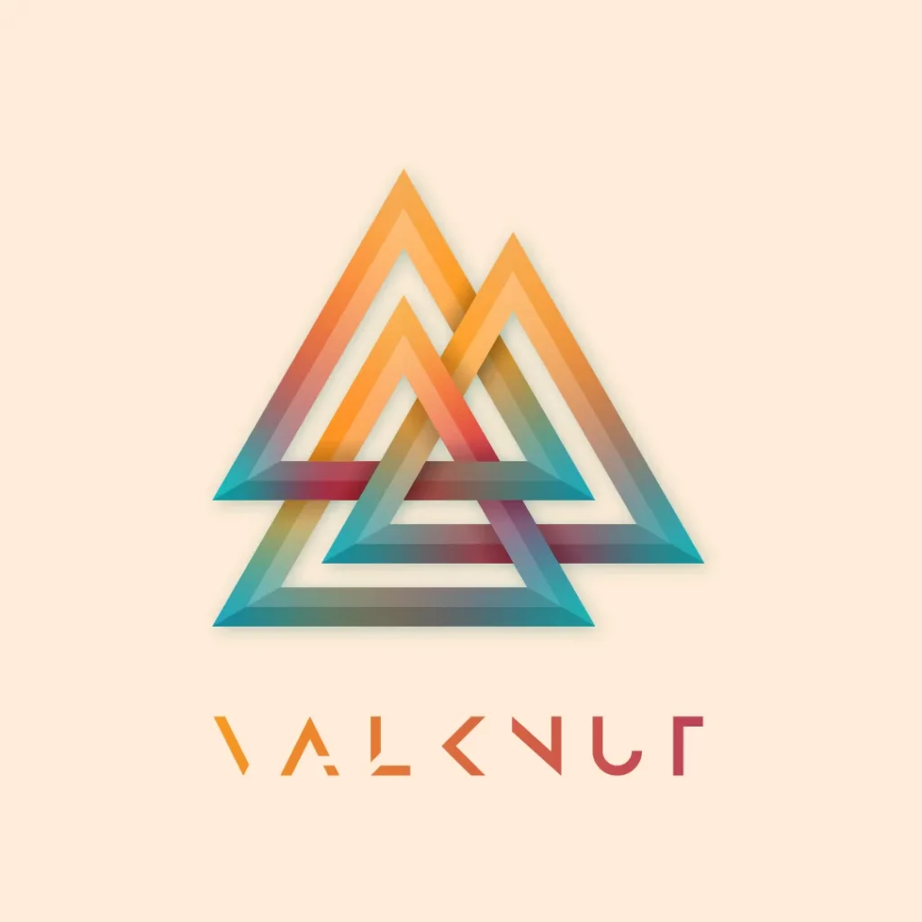 Het symbool van de valknut met 3 verweven driehoeken en de tekst valknut er onder