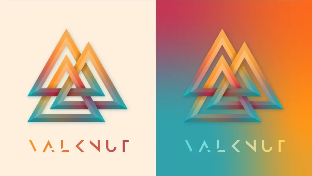 Het design van de Valknut met aan de linkerkant een ontwerp met een lichte en warme achtergrond en rechts met een gekleurde gradient achtergrond met een mix van rood, oranje en blauw.