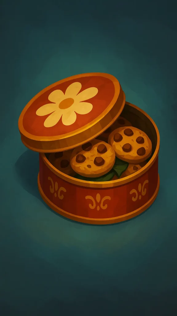 Ronde blik met bloemenmotief gevuld met chocoladekoekjes.