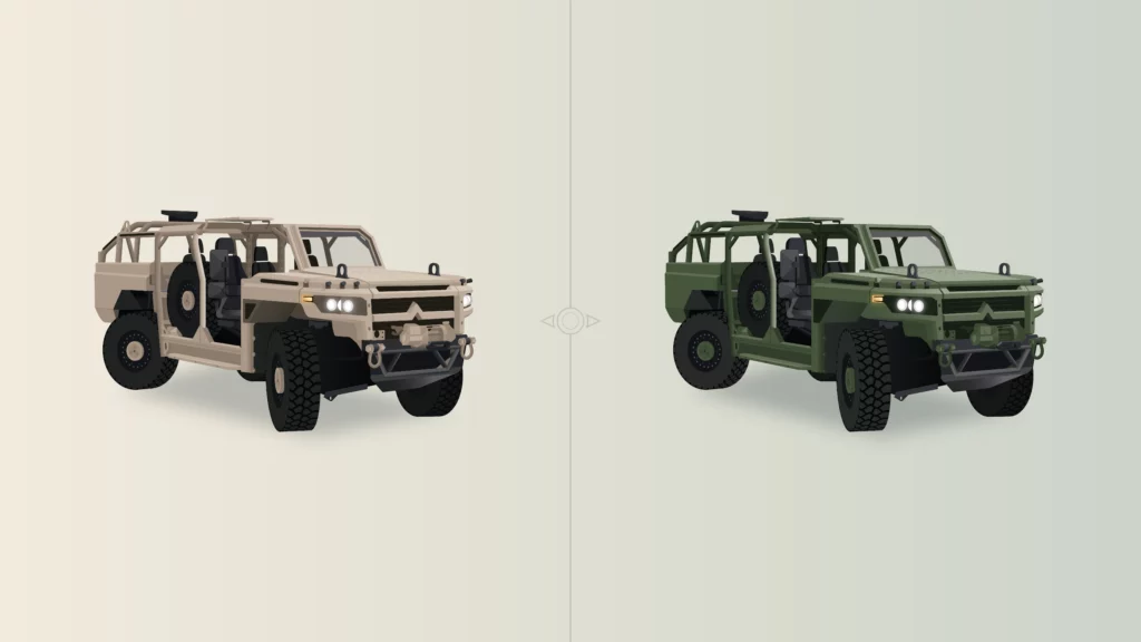 Groene en zandkleurige Mammoth terreinwagen naast elkaar als ontwerpvarianten voor bieretiket.