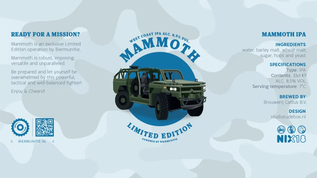 Mammoth IPA bieretiket met militaire terreinwagen als centraal illustratieontwerp.