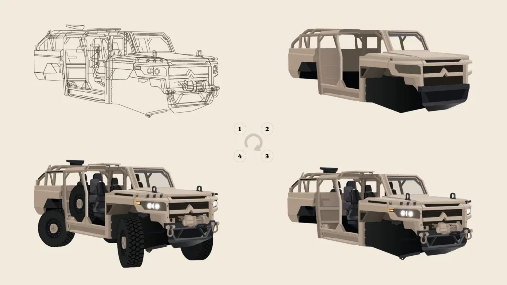 Ontwikkelstadia van de Mammoth terreinwagen van lijntekening tot 3D model.