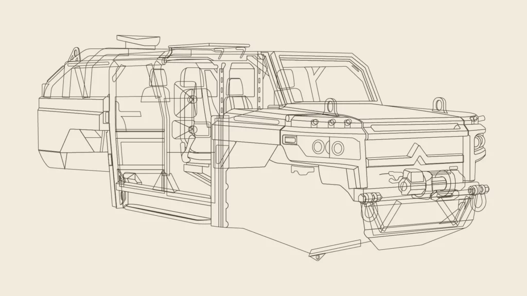 Technische lijntekening van de Mammoth terreinwagen met zicht op constructie en details.